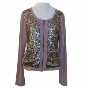 Buckle long sleeve shirt gold sequins full front zip sheer back size small